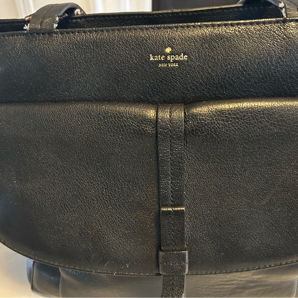 Kate Spade Black Leather Front Flap Pocket Bow Tote some cracked scrape.